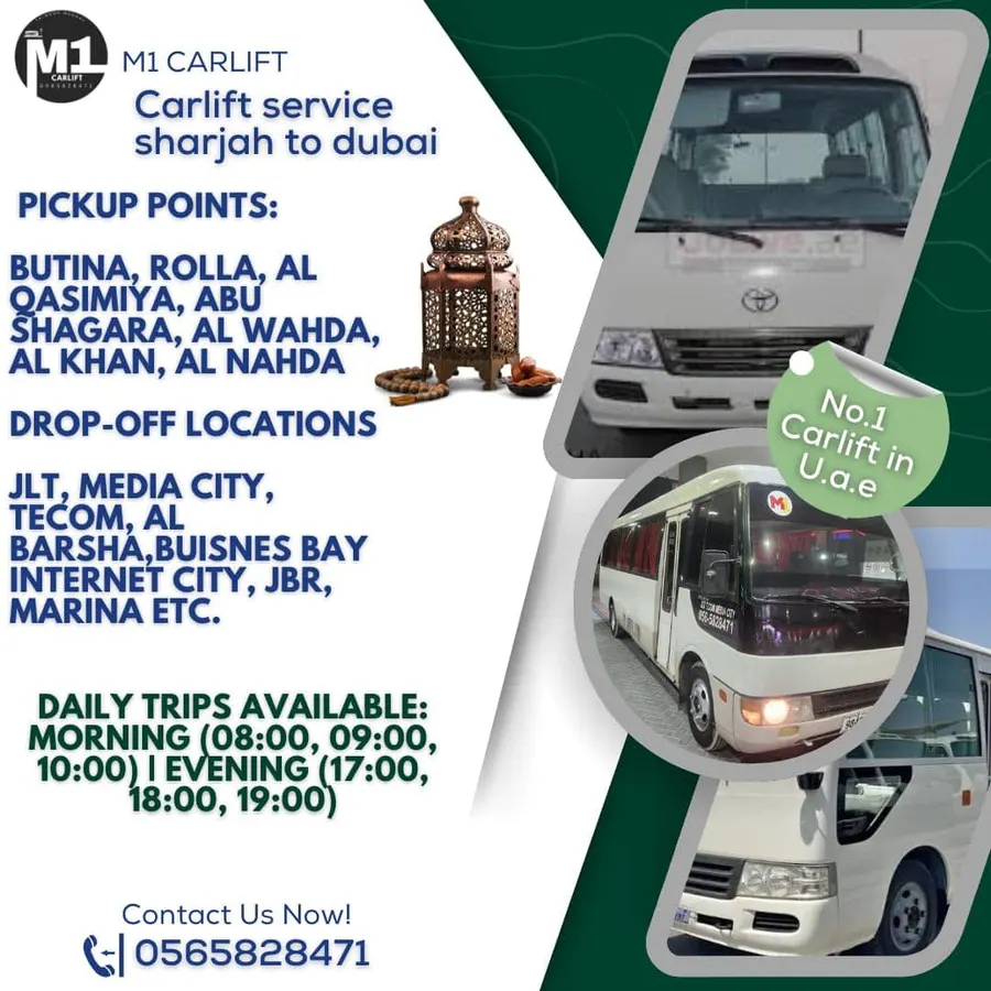 M1 CarLift UAE fleet of minibuses for Sharjah to Dubai daily car lift service