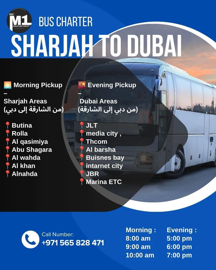 Sharjah to Dubai bus charter — morning and evening car lift schedule